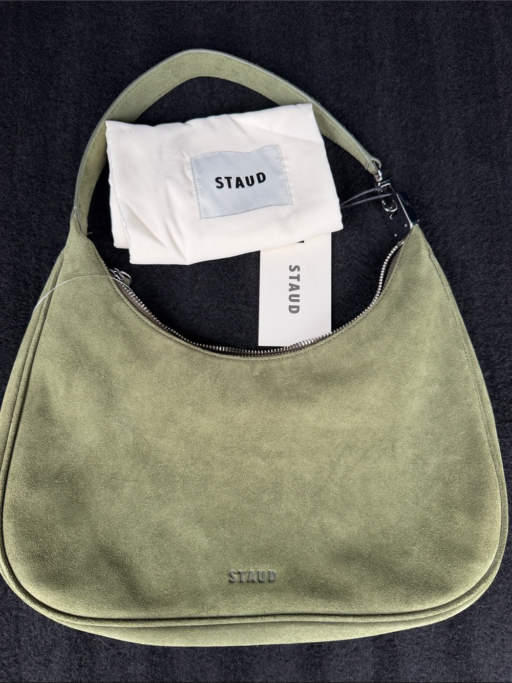 STAUD Olive Suede Hobo Bag with Silver Hardware
